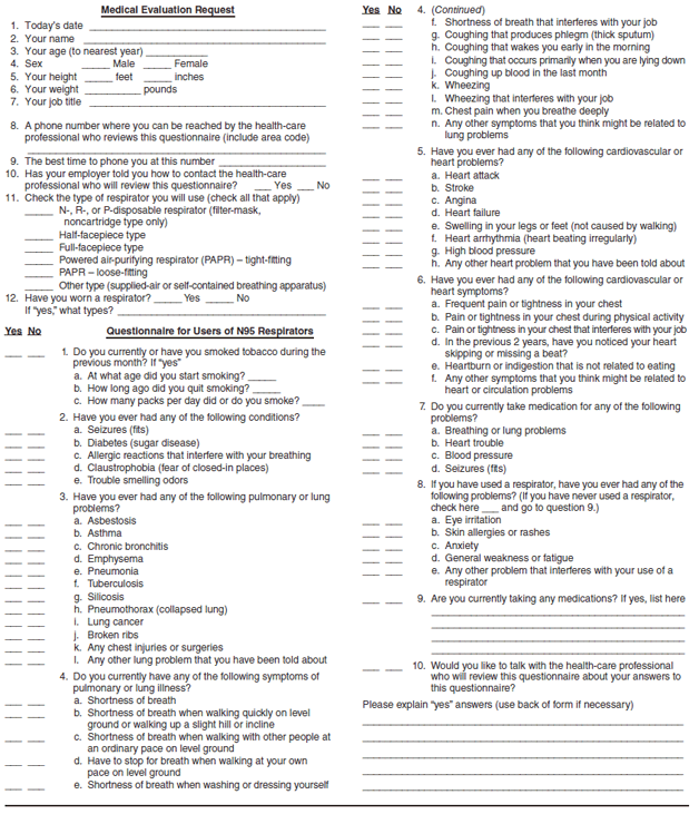 Appendix G. Model framework for medical evaluation request and questionnaire for users of N95 disposable respirators